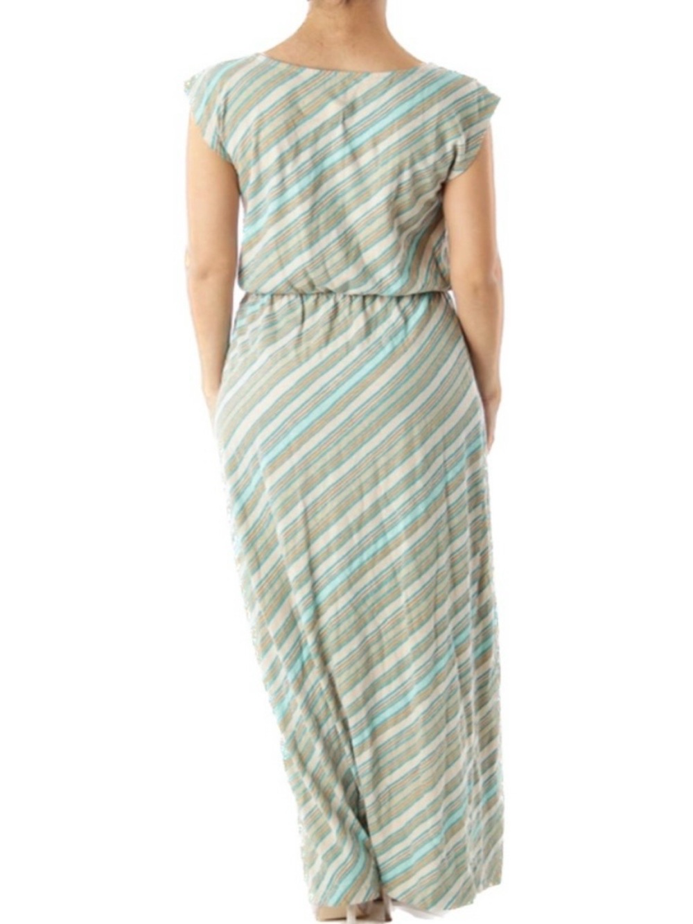 LOFT Striped Maxi Dress Small Blue Tan White Elastic Waist Casual Summer